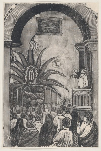 Un sacerdote celebrando misa desde un balcón, una imagen de la Virgen de Guadalupe colocada en palmera — José Guadalupe Posada