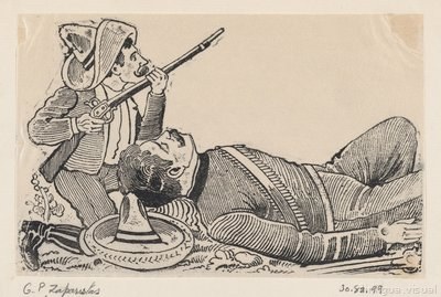Un revolucionario sosteniendo un rifle y arrodillándose para proteger a un revolucionario caído