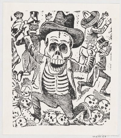 Esqueleto bailando con otros calaveras