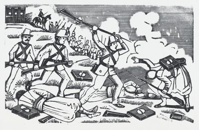 Un soldado alzando su fusil para apuñalar al enemigo (el Cinco de Mayo) — José Guadalupe Posada