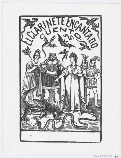 A sorceress pointing her wand at a crocodile while royal figures watch, illustration for 'el Clarinete Encantado' DP869494 — José Guadalupe Posada