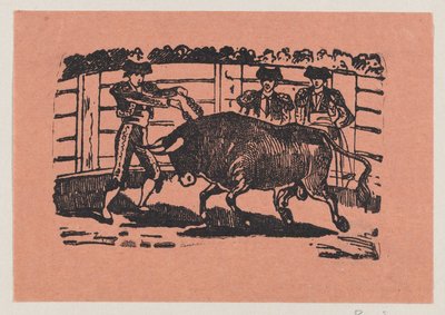 Un torero colocando banderillas en los hombros del toro mientras dos hombres están de pie detrás del toro — José Guadalupe Posada