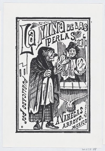 Una mujer llorando con un pañuelo en la mano hablando con una vieja arpía, ilustración para 'la Niña de las Perlas — José Guadalupe Posada