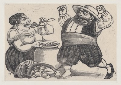 A woman eating and a man facing her with an angry expression and raised fists, from a broadside entitled 'Loa dicha por Sancho Panza y Doña Cenobia en honor de la Pureza de Maria Santisima' DP — José Guadalupe Posada