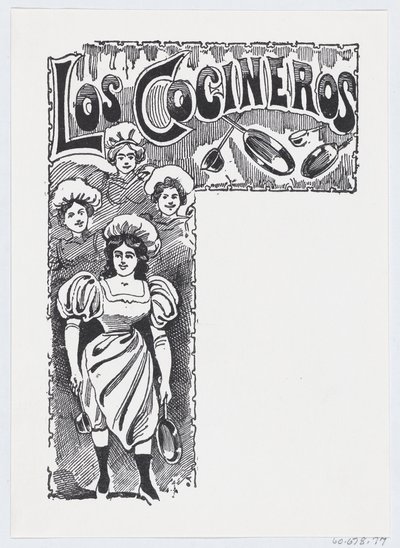 Una mujer sosteniendo una sartén y un cucharón con otras mujeres y utensilios de cocina en el fondo — José Guadalupe Posada
