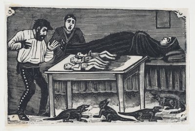 Una mujer que dio a luz a tres hijos y cuatro animales — José Guadalupe Posada