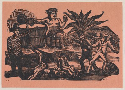 Escena de figuras y barril — José Guadalupe Posada