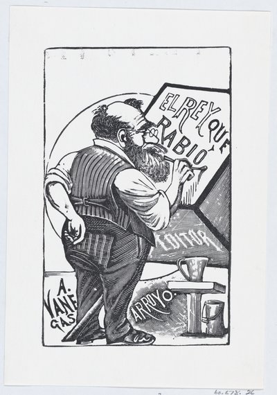Un anciano con gafas y una mano a la espalda pintando en un bloque de madera, ilustración para — José Guadalupe Posada