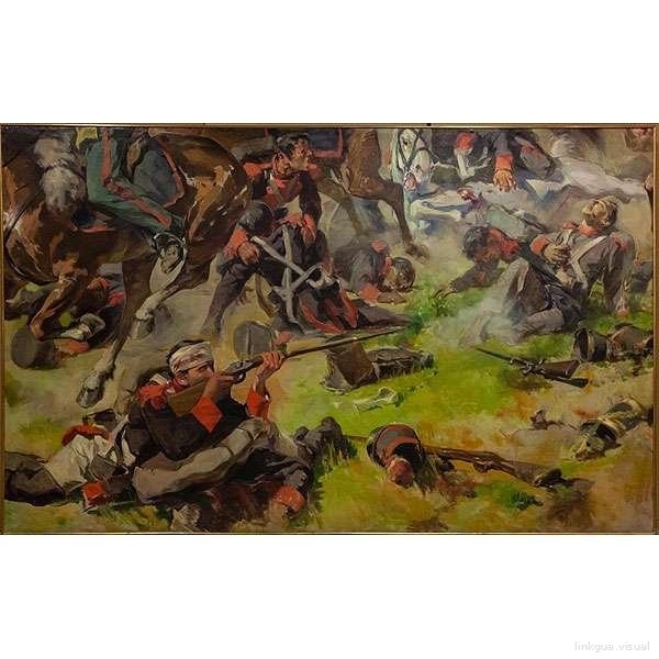 Escena de batalla con soldados y caballos