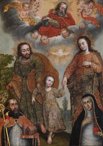 Doble Trinidad con san Agustín y santa Catalina de Siena — Escuela cuzqueña