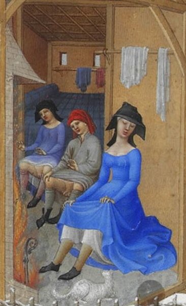 Scène d'intérieur paysan - février - Très Riches Heures du duc de Berry (f.2) — Hermanos Limbourg