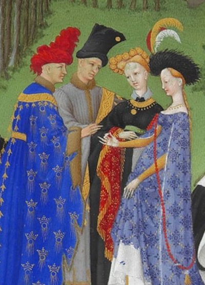 Scène de fiançailles - Avril - Très Riches Heures du duc de Berry (f.4) — Hermanos Limbourg
