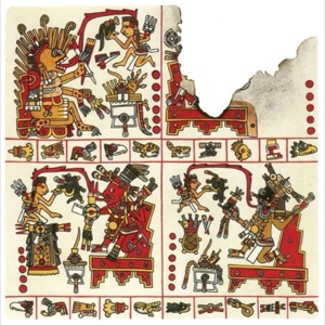 Pintura mural azteca con escenas rituales y deidades — Tlacuilo anónimo, tradición mixteca-puebla (Códice Borgia)