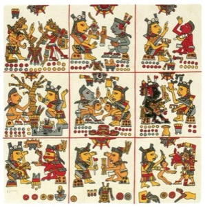 Páginas de un Códice Mesoamericano con Escenas Rituales y de Guerra — Tlacuilo anónimo, tradición mixteca-puebla (Códice Borgia)