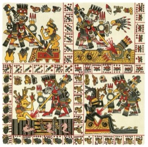 Ilustración de figuras aztecas en pose de batalla y ritual