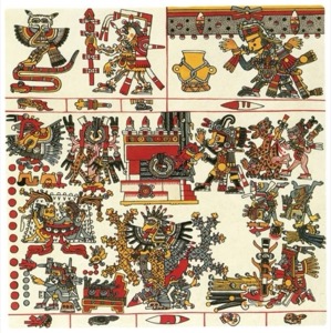 Ilustración de códice mexica con figuras antropomorfas y zoomorfas — Tlacuilo anónimo, tradición mixteca-puebla (Códice Borgia)