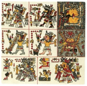 Láminas de códices precolombinos con deidades y rituales — Tlacuilo anónimo, tradición mixteca-puebla (Códice Borgia)