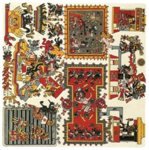 Fragmento de Códice Maya: Escenas Históricas y Mitológicas — Tlacuilo anónimo, tradición mixteca-puebla (Códice Borgia)