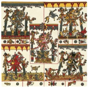 Ilustración de códice mesoamericano con deidades y rituales — Tlacuilo anónimo, tradición mixteca-puebla (Códice Borgia)