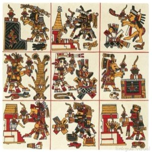 Páginas de Códice Maya con Figuras Antropomorfas y Objetos Rituales