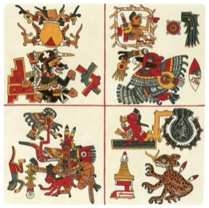 Fragmento de Códice Maya con Representaciones Mitológicas y Guerreras — Tlacuilo anónimo, tradición mixteca-puebla (Códice Borgia)
