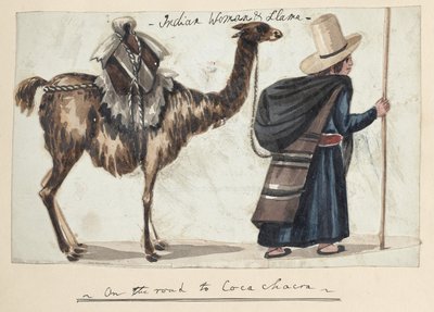 Mujer indígena y llama en camino — Pancho Fierro