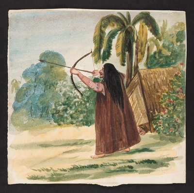 Hombre con arco y flecha en paisaje tropical — Pancho Fierro