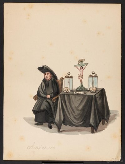 Monje sentado junto a mesa con crucifijo y calaveras — Pancho Fierro