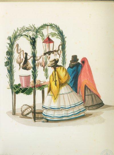 Vendedora de gallinas y clientes — Pancho Fierro
