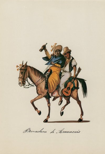 Dos hombres a caballo con guitarra y botella — Pancho Fierro