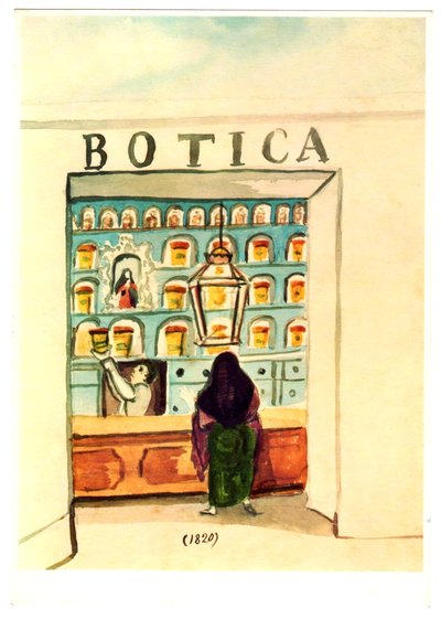 Botica con clientes y estantes de botellas — Pancho Fierro