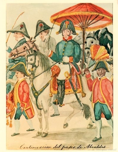 Procesión de alcaldes con sombrilla y abanico