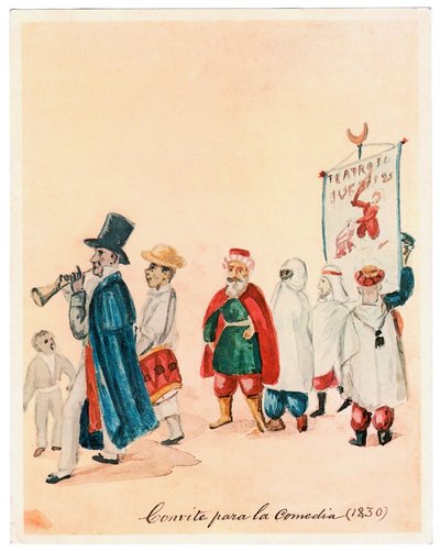 Procesión de personajes con cartel de teatro — Pancho Fierro