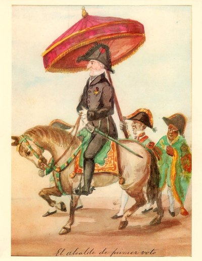 Alcalde a caballo con sombrilla y acompañantes — Pancho Fierro