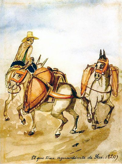 Hombre a caballo con mulas cargadas — Pancho Fierro