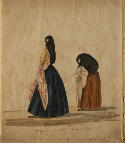 Mujeres con velo y mantilla yendo a misa — Pancho Fierro
