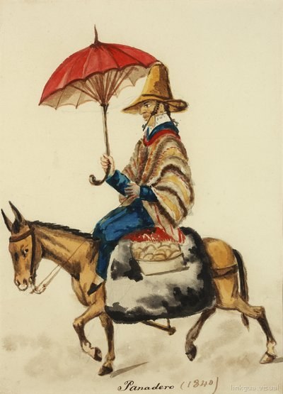 Panadero con sombrero y paraguas en mula.