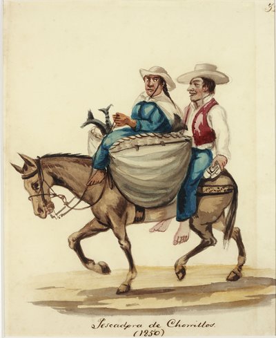 Dos personas en mula con carga — Pancho Fierro