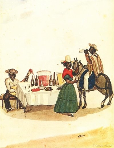 Vendedora y jinete en puesto de bebidas — Pancho Fierro