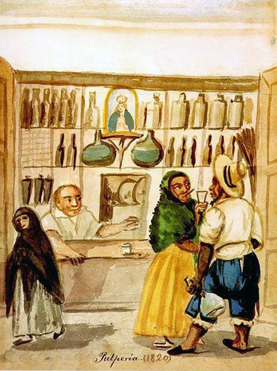 Pulquería con clientes y vendedor — Pancho Fierro