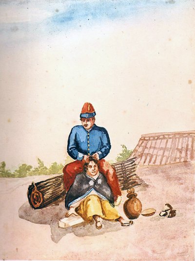 Soldado peinando a un hombre sentado — Pancho Fierro