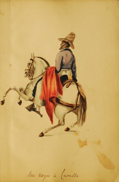 Hombre negro a caballo con capa roja — Pancho Fierro