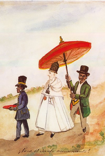 Procesión religiosa con sombrilla roja — Pancho Fierro