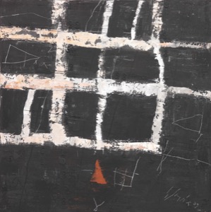 Composición abstracta con rejilla y triángulo naranja — Pascual. Deliciosa