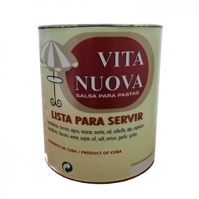 Lata de salsa para pasta Vita Nuova de Cuba, con parasol y texto 'lista para servir' — Payro Los Bandidos De Rio Frio
