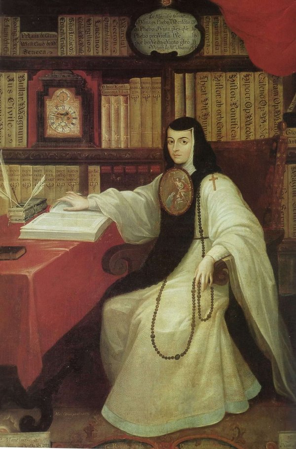 Monja erudita en biblioteca antigua — Pintura Novohispana