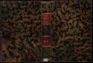 Portada de libro antiguo con encuadernación marmoleada — Fray Bernardino de Sahagún