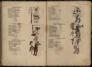 Páginas de códice mesoamericano con glifos y figuras — Fray Bernardino de Sahagún
