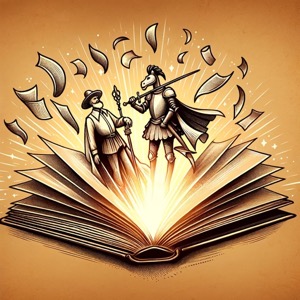 Don Quijote y su escudero emergiendo de un libro abierto — Resena Edicion Ilustrada Hequet