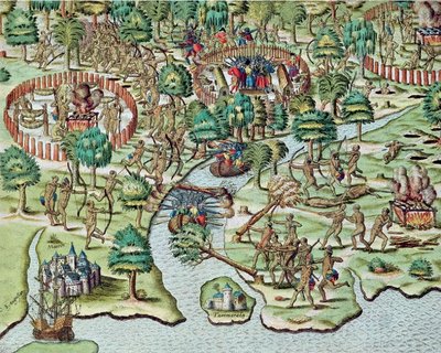 Cerco a Igarassu, gravura de Theodor de Bry - Staden, Duas Viagens ao Brasil — Hans Staden